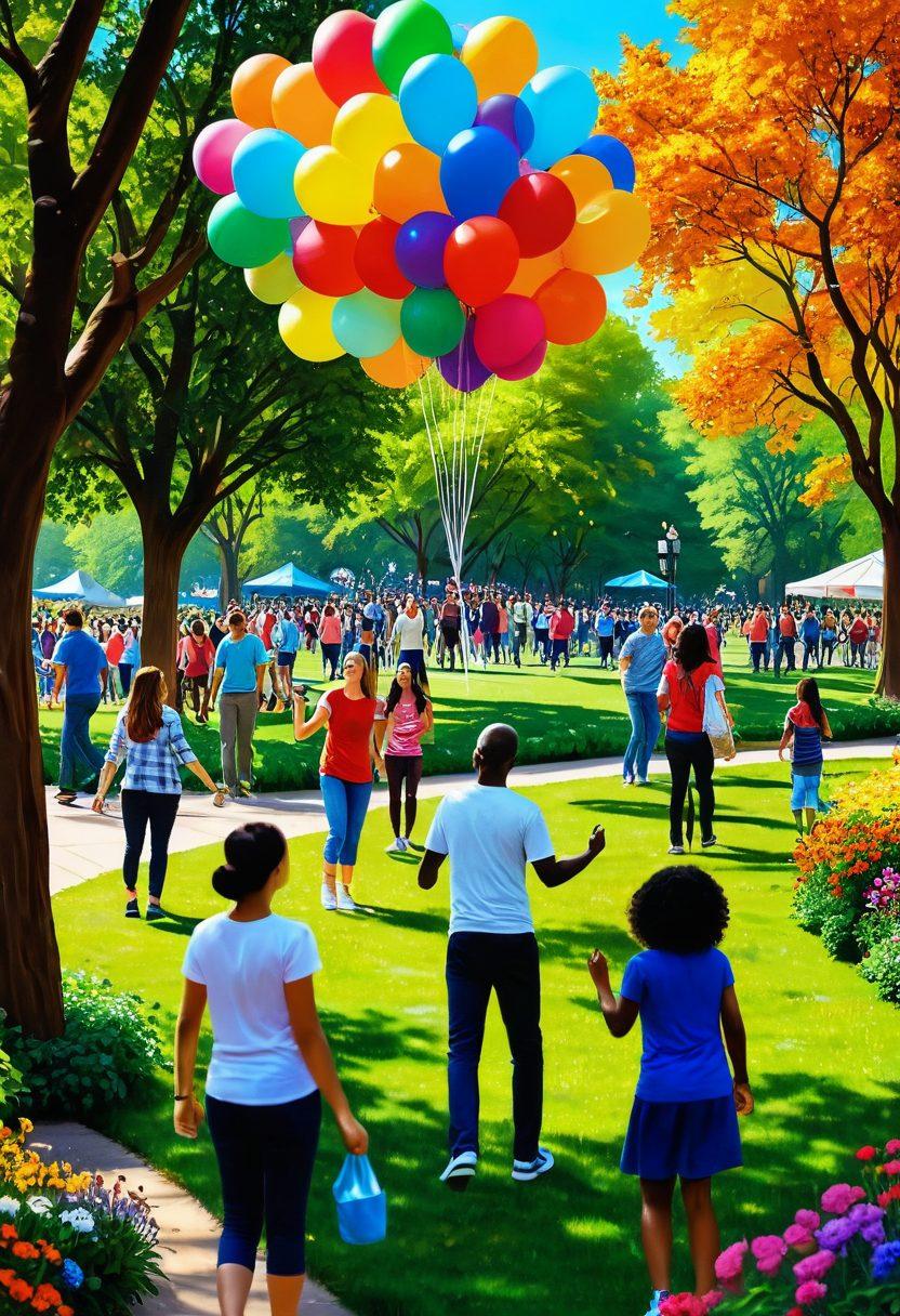 A lively and diverse group of people joyfully interacting in a vibrant park setting, surrounded by colorful balloons and flowers, showcasing a sense of community and celebration. Include elements like laughter, art, and creativity to emphasize exuberance. Bright, cheerful colors should dominate the scene, reflecting an atmosphere of happiness and togetherness. super-realistic. vibrant colors. bright background.