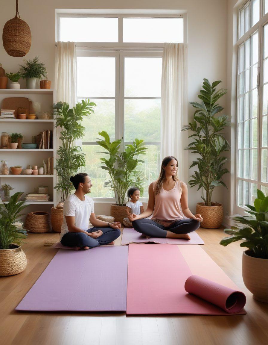 A serene scene depicting a happy family enjoying various Bajoo products like colorful yoga mats, stylish home decor, and artisanal kitchenware. Sunlight streams through a modern, cozy living space filled with greenery and soft textures, exuding warmth and positivity. Laughter and joy are evident on their faces, symbolizing a blissful lifestyle. soft pastel colors. super-realistic. cozy atmosphere.