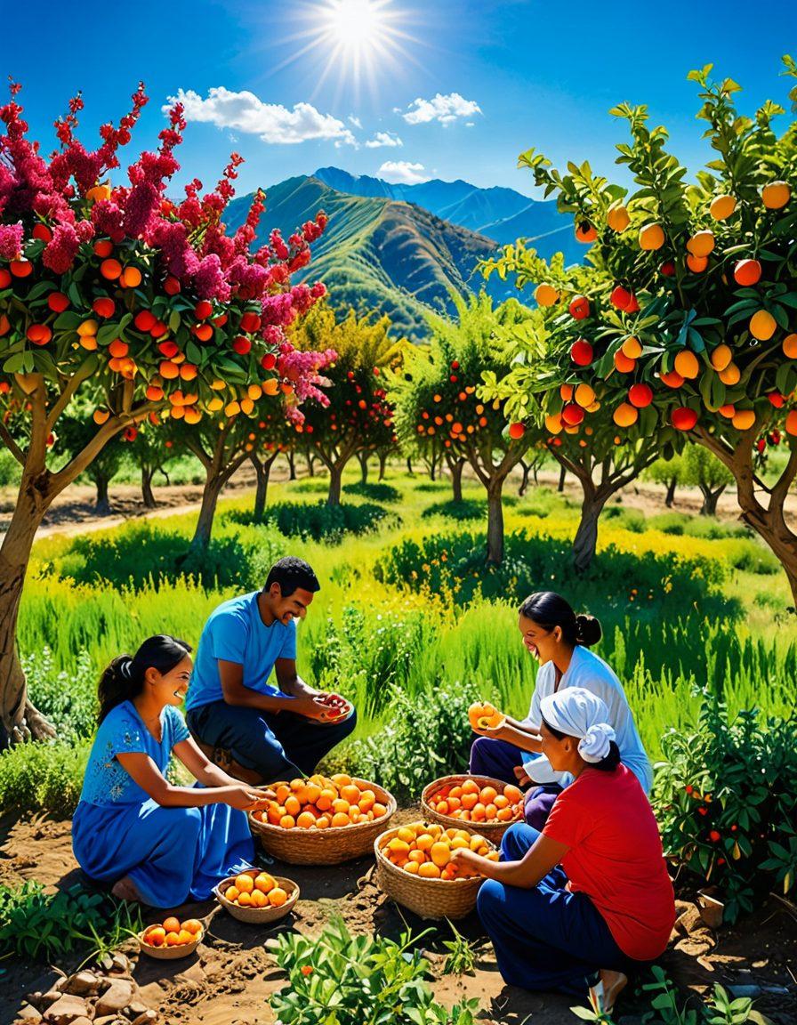 A vibrant, sunny landscape featuring colorful Bajoo fruit trees laden with ripe, cheerful fruits. In the foreground, a diverse group of people joyfully picking and tasting the fruit, with smiles and laughter. Bright colors and light streaming down create an uplifting atmosphere, symbolizing mood elevation. The backdrop includes a clear blue sky and distant rolling hills to enhance the sense of joy and nature. super-realistic. vibrant colors. cheerful ambiance.